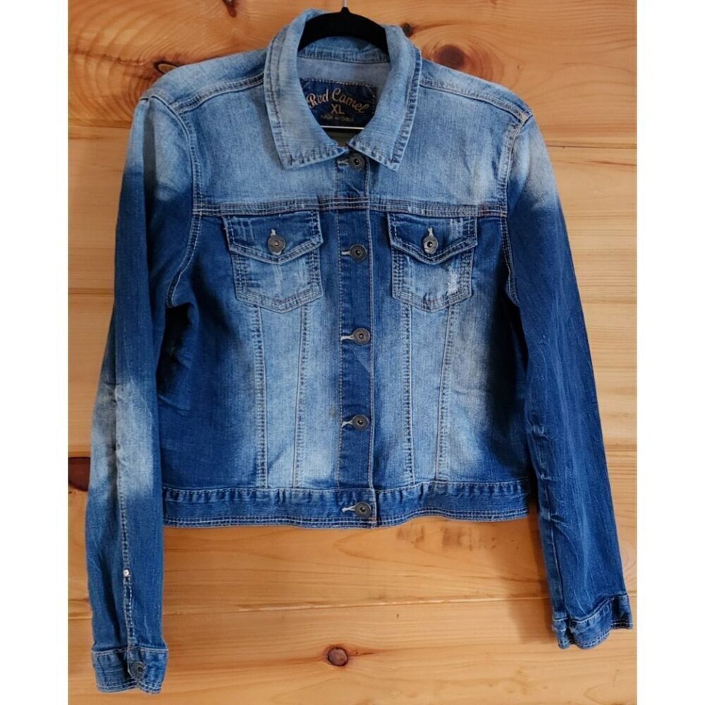Red Camel Crop Jacket Blue Jean Collared Buttons Stretch Size XL